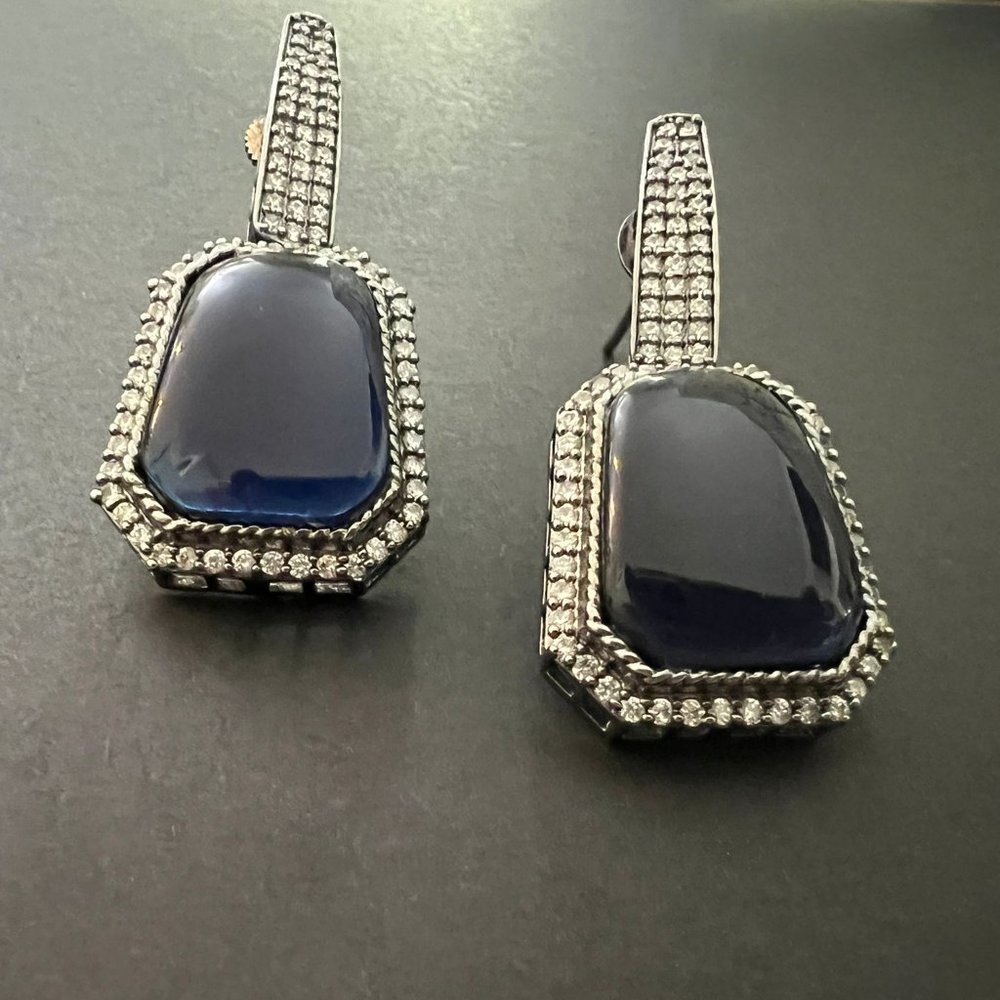 Blue Rectangular Shaped Stone Earrings Studded Be… - image 1